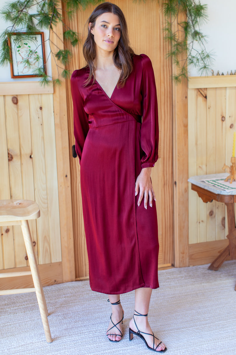 Bishop Sleeve Dress  - Cabernet Satin