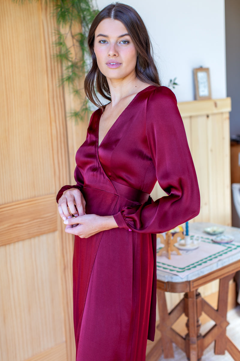 Bishop Sleeve Dress  - Cabernet Satin