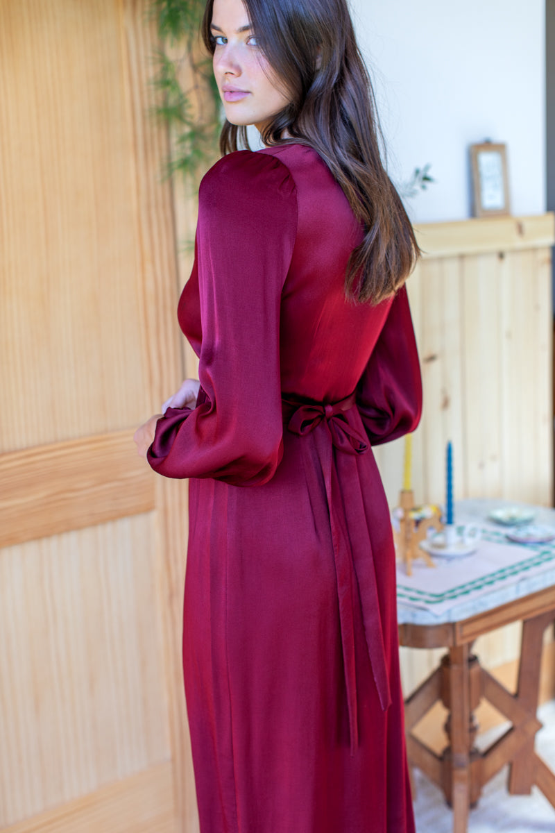 Bishop Sleeve Dress  - Cabernet Satin