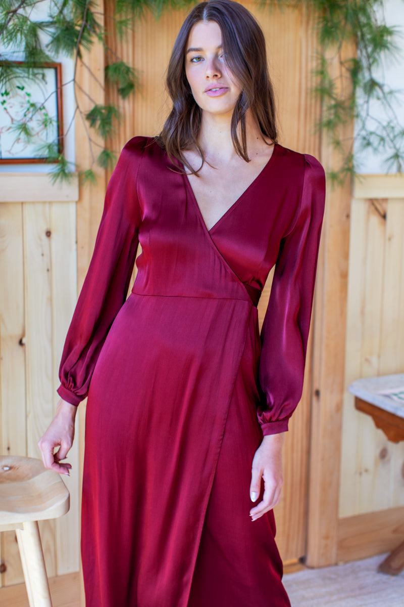 Bishop Sleeve Dress  - Cabernet Satin