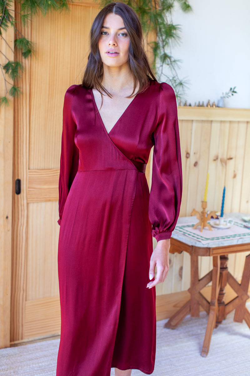 Bishop Sleeve Dress  - Cabernet Satin