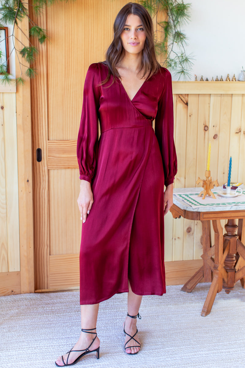 Bishop Sleeve Dress  - Cabernet Satin