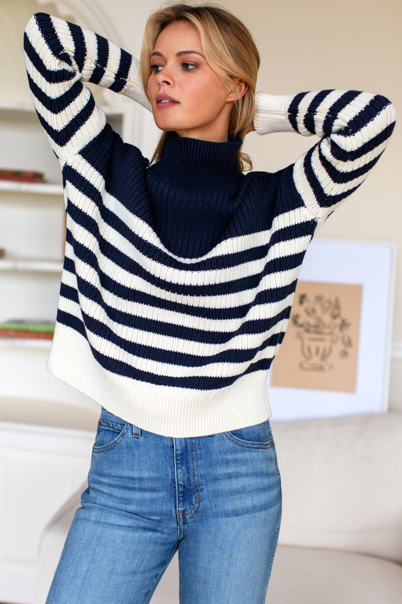 Carolyn Funnel Neck Sweater - Navy Colorblock Stripe Organic