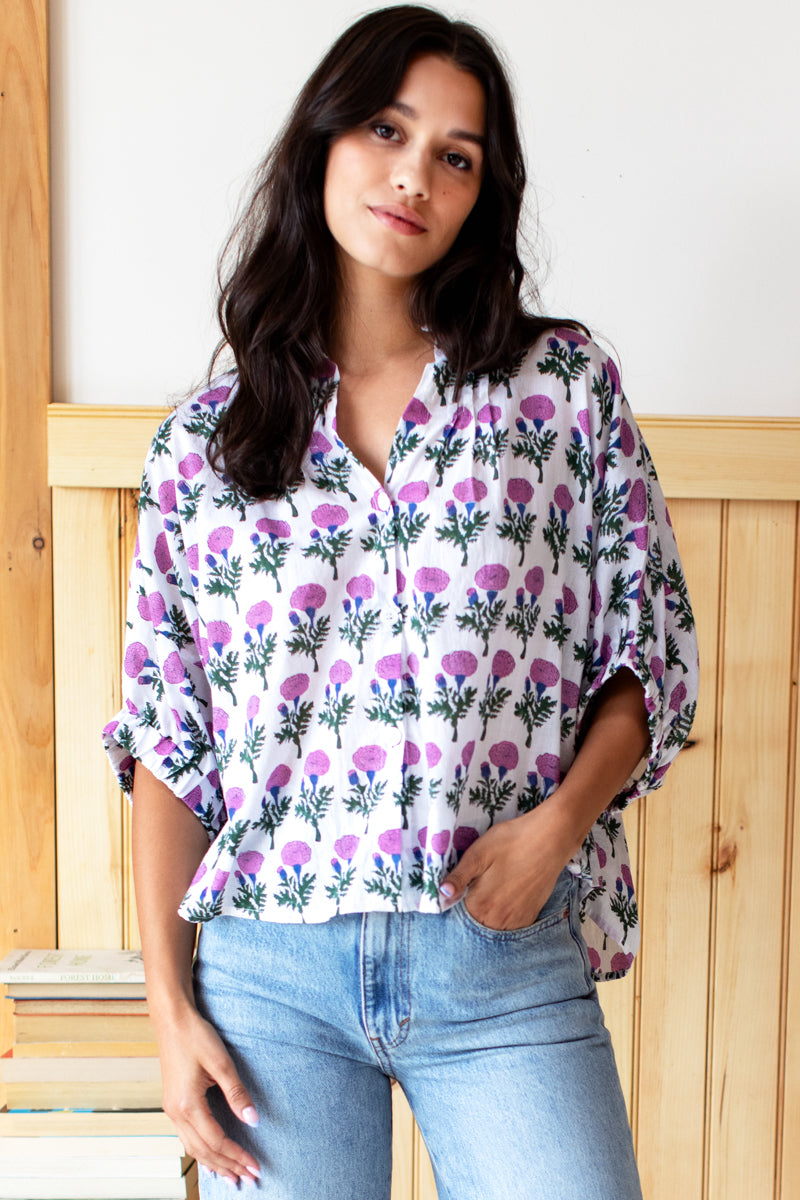 Mandarin Collar Top - Big Marigolds Purple Organic