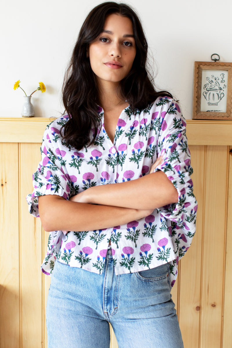 Mandarin Collar Top - Big Marigolds Purple Organic