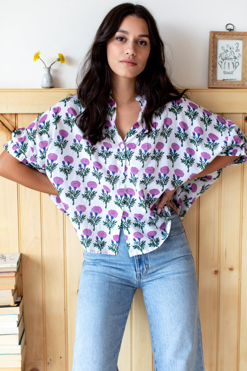 Mandarin Collar Top - Big Marigolds Purple Organic