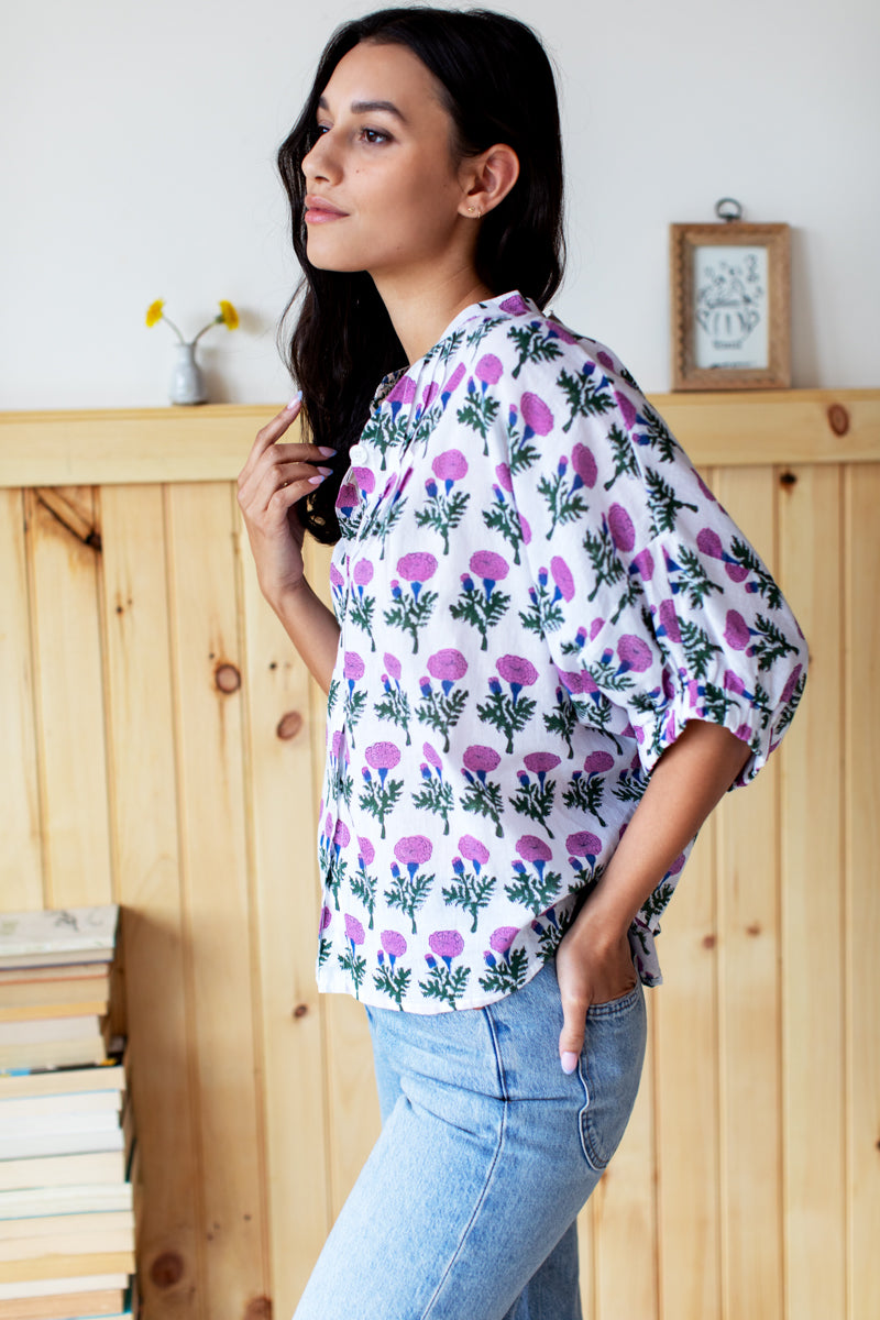 Mandarin Collar Top - Big Marigolds Purple Organic