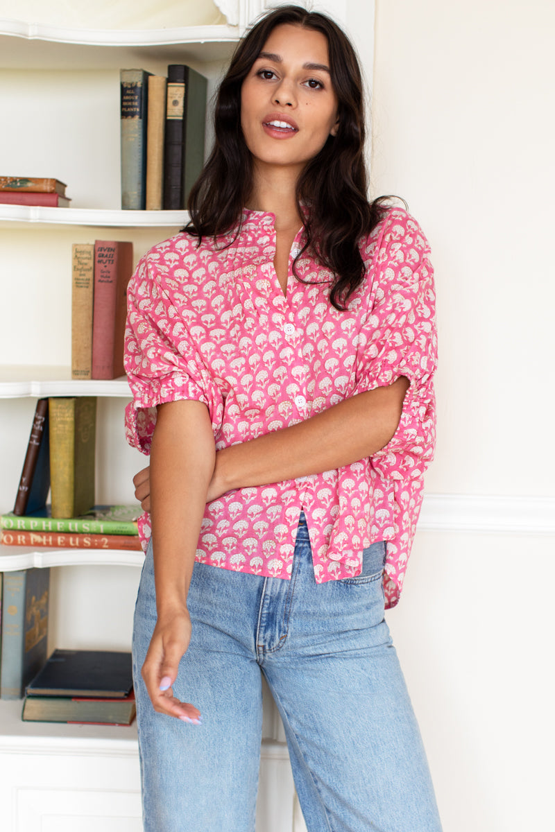 Mandarin Collar Top - Crescent Flower Bon Pink Organic