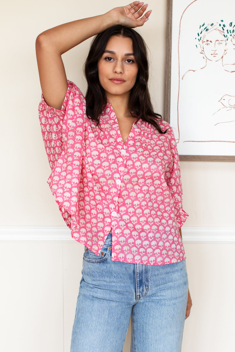 Mandarin Collar Top - Crescent Flower Bon Pink Organic
