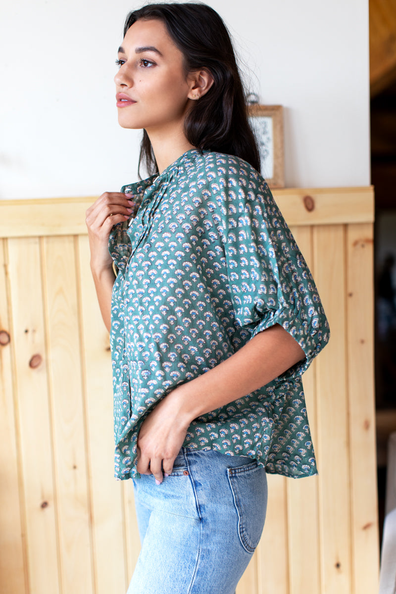 Mandarin Collar Top - Day Flowers Juniper Organic