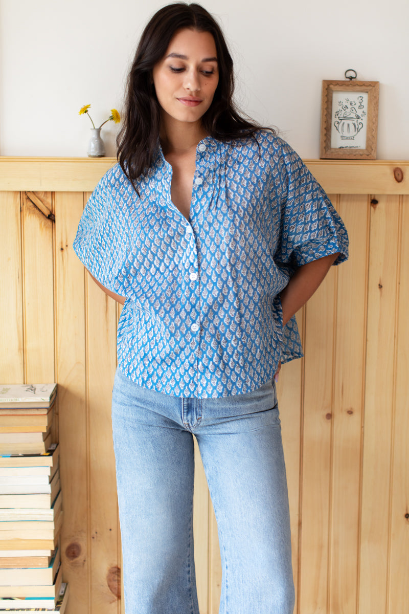 Mandarin Collar Top - Harlow Flowers Blue Organic