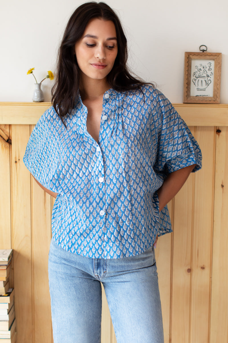 Mandarin Collar Top - Harlow Flowers Blue Organic