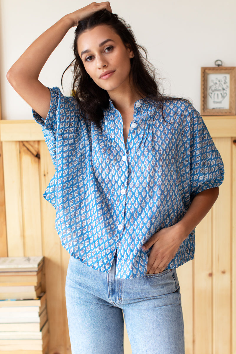 Mandarin Collar Top - Harlow Flowers Blue Organic