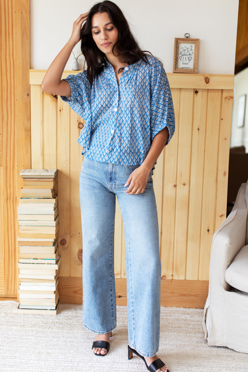 Mandarin Collar Top - Harlow Flowers Blue Organic