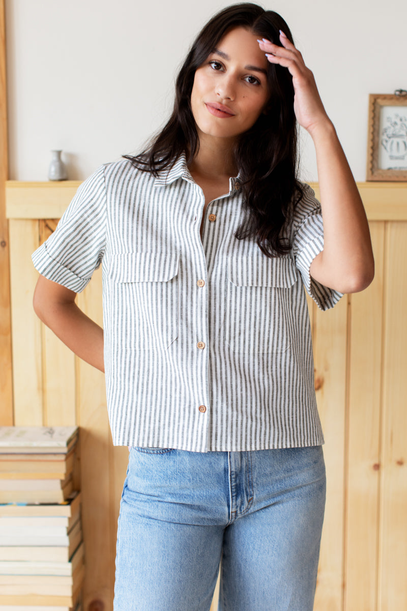Short Sleeve Utility Shirt - Juniper Stripe Linen
