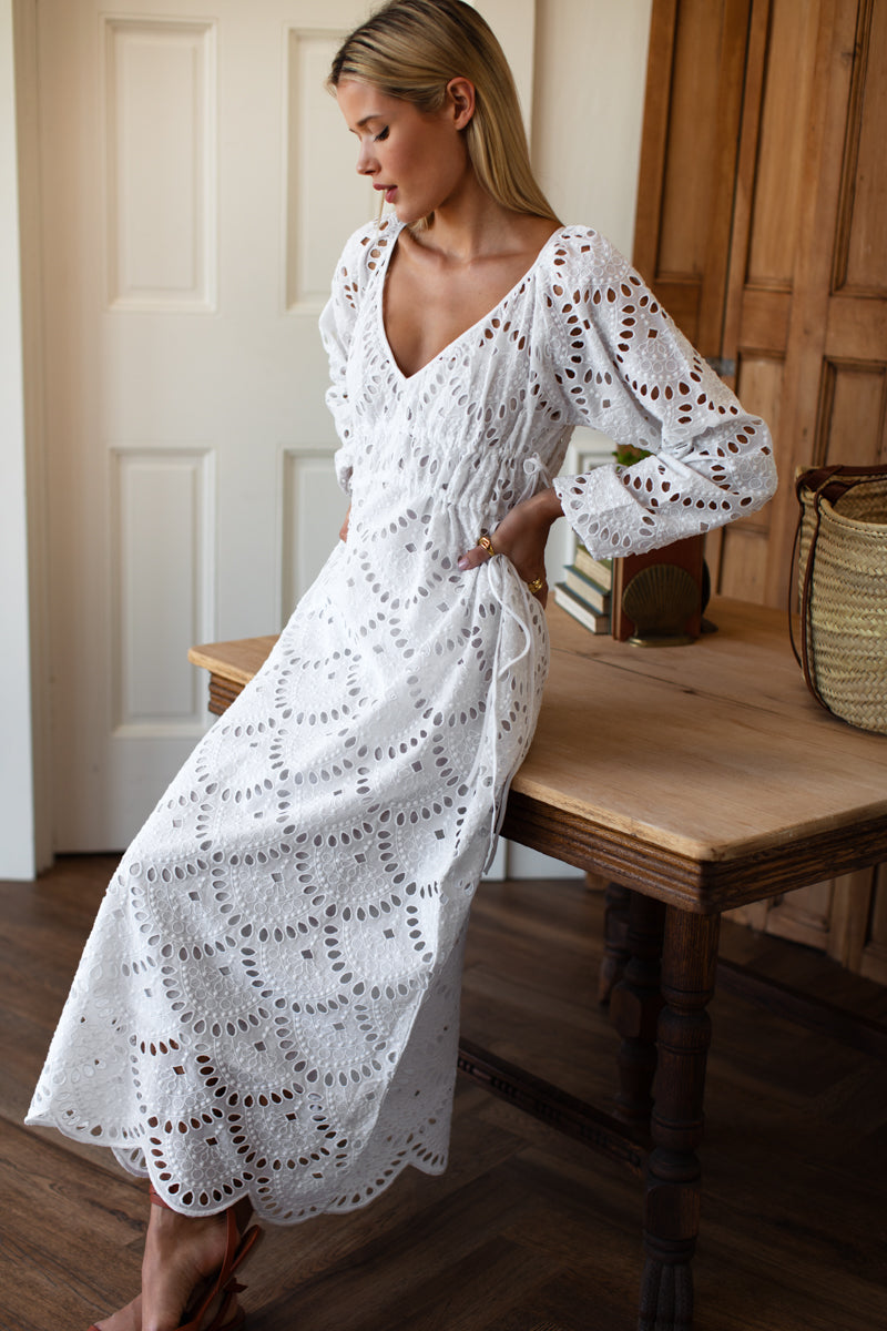 Double Waist Tie Dress - White Scallop Eyelet