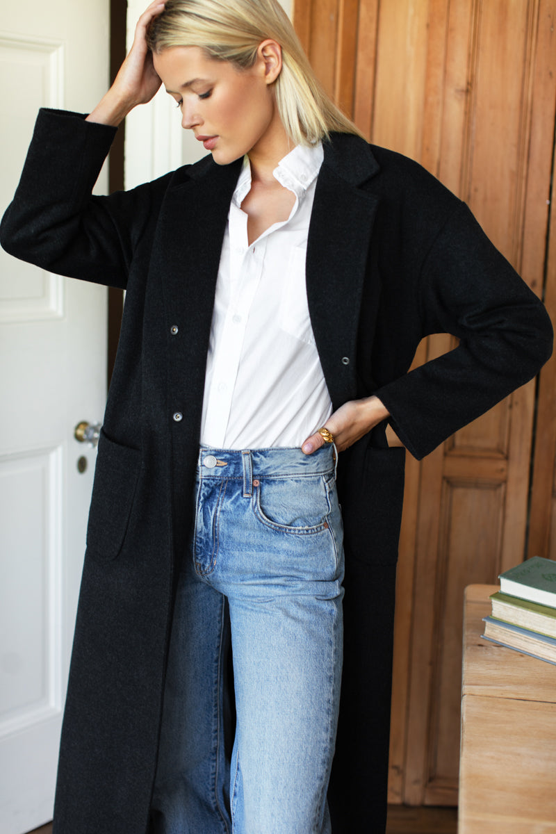 Drop Shoulder Long Coat - Charcoal