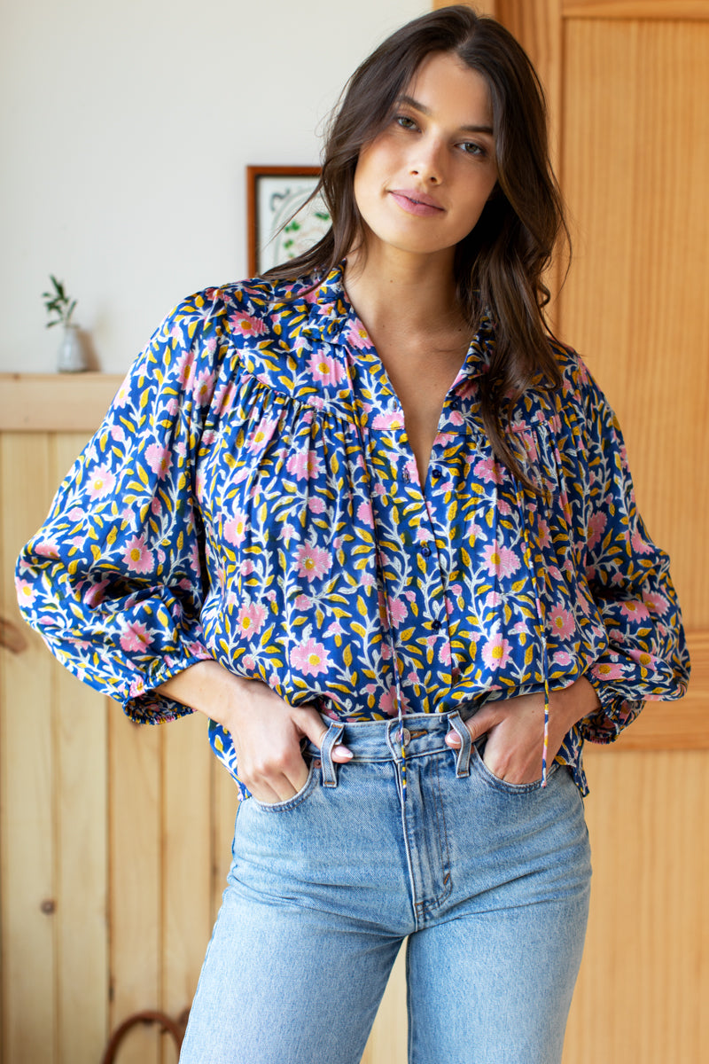 Emmaline Blouse - Blue Chrysanthemum Satin