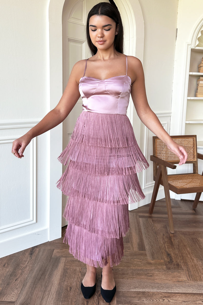 Fitted Bodice Fringe Dress - Lavender Rose