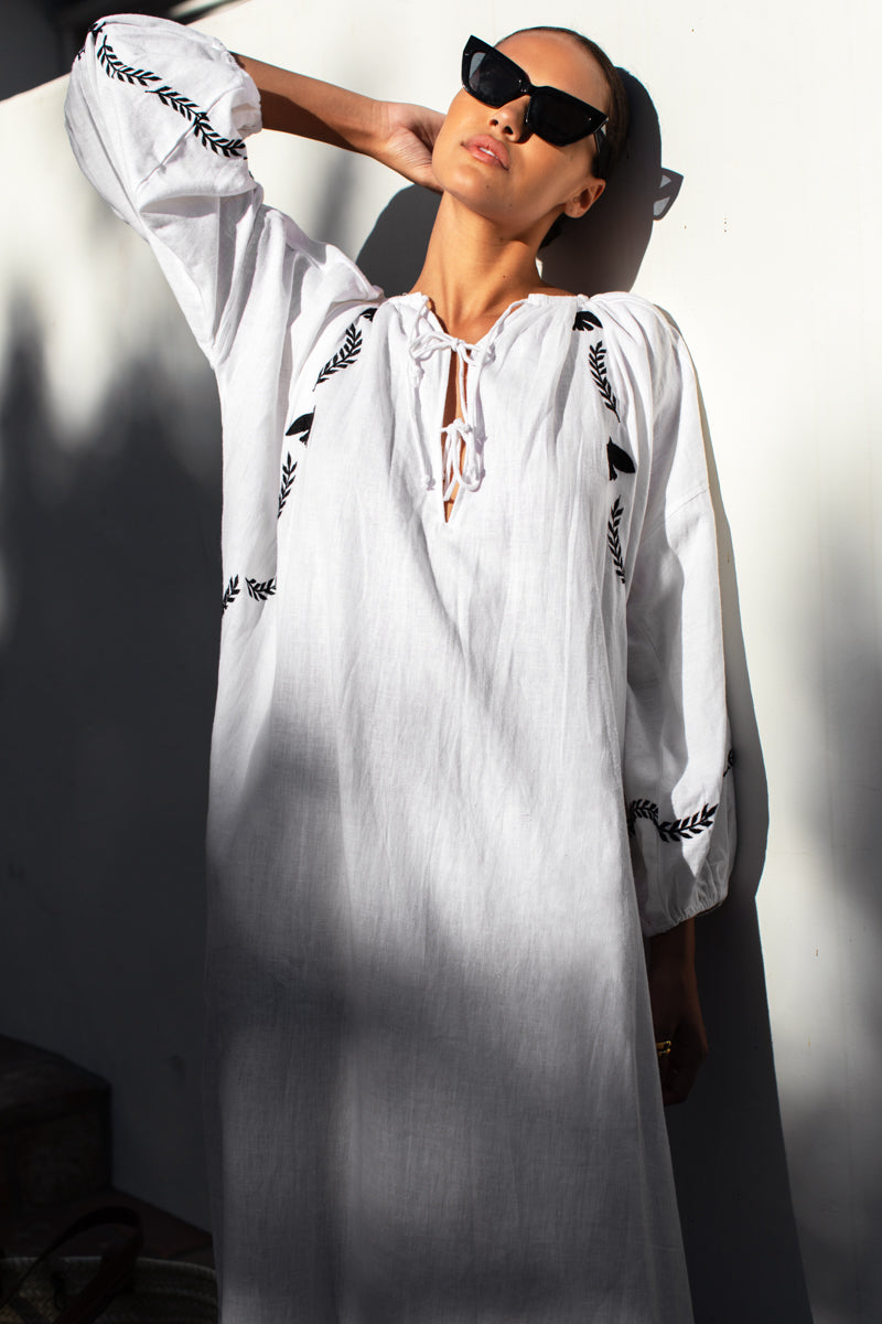 Folk Maxi Dress - White Dove Embroidery Linen