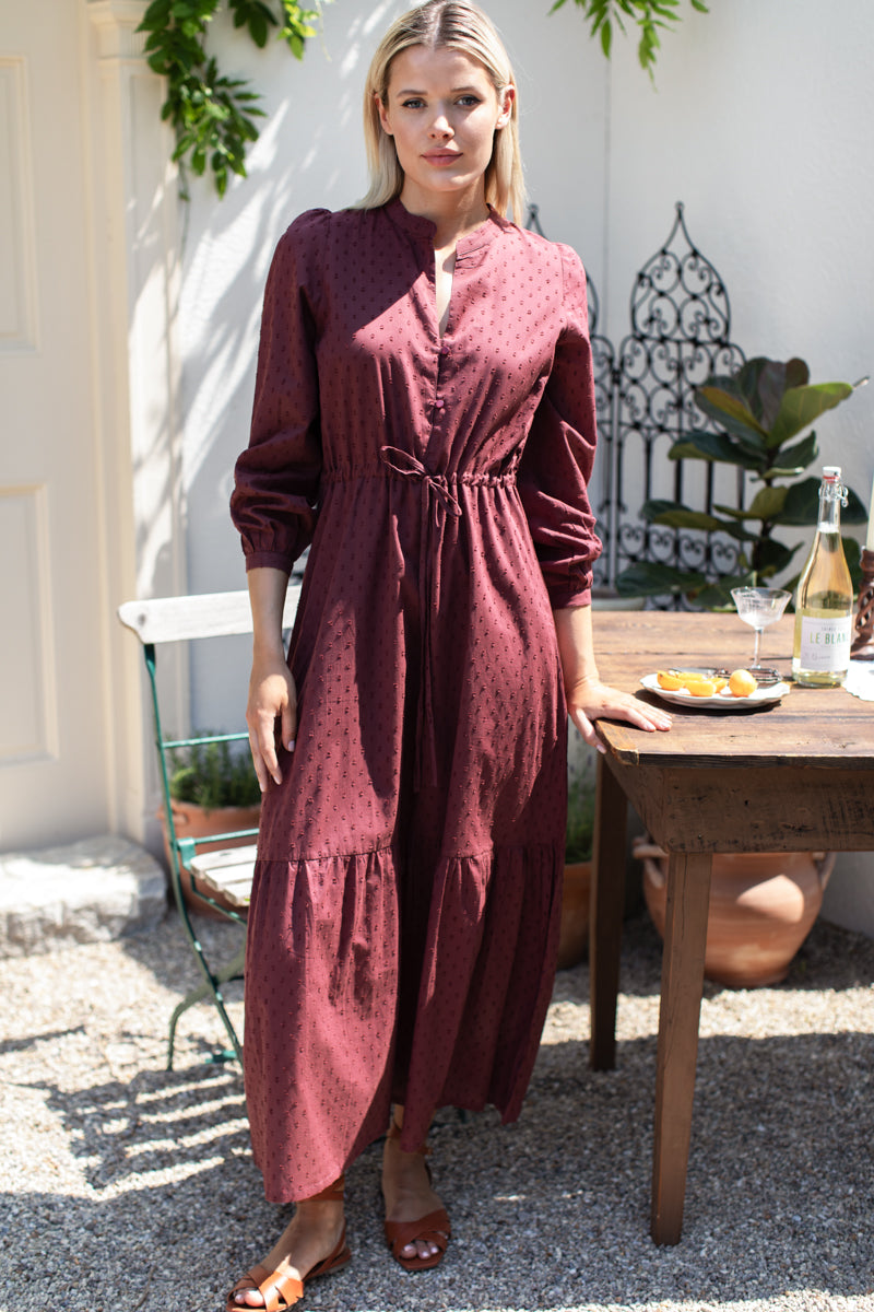 Frances 3 Dress - Burgandy Swiss Dot Organic