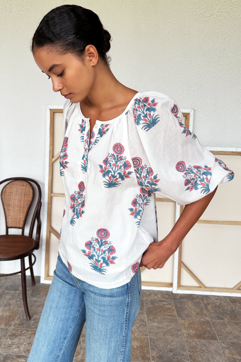 Frances Blouse 2 - Teal + Carnelian Market Flowers Organic