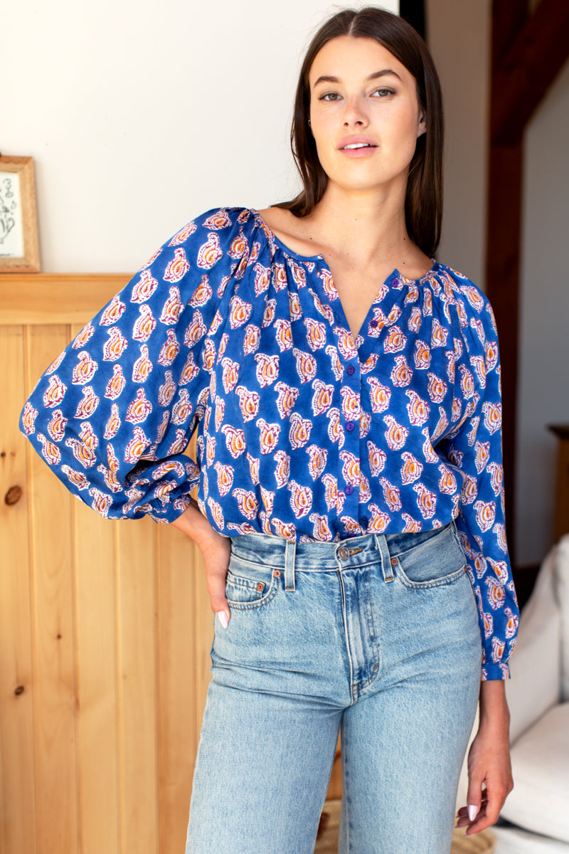 Frances Blouse - Blue Paisley Flower Satin