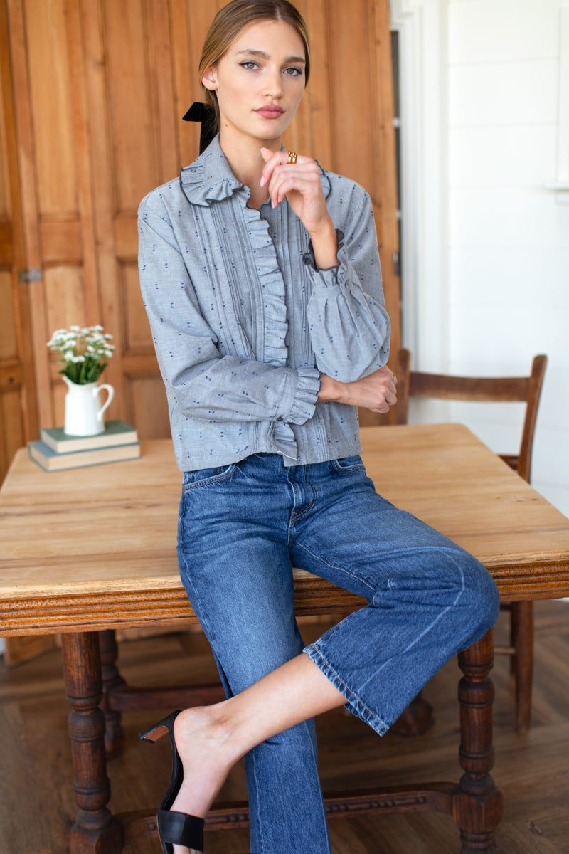 French Heirloom Shirt - Ash W/ Indigo Dots