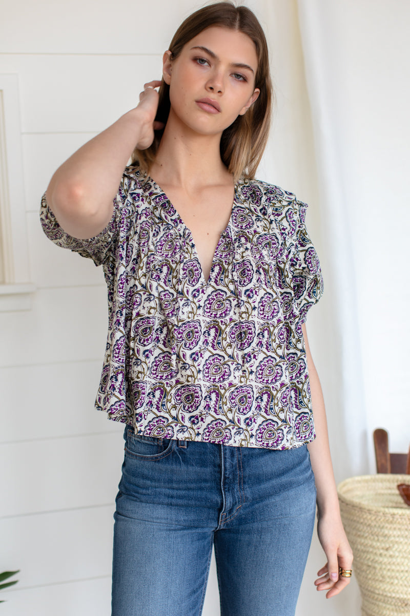 Frill V Isla Top - Aubergine Vines