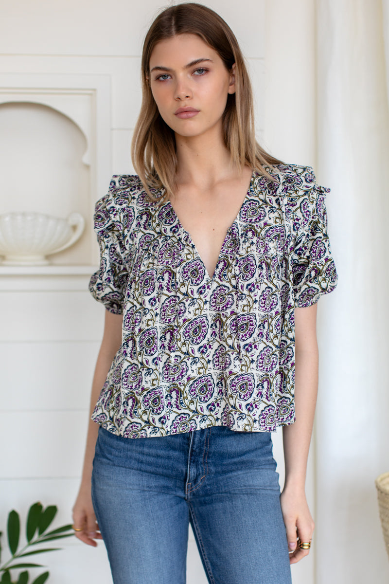 Frill V Isla Top - Aubergine Vines