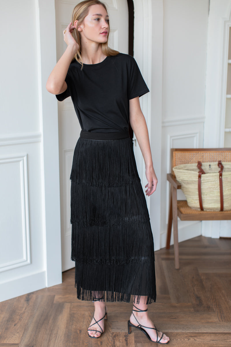 Fringe Midi Skirt - Black