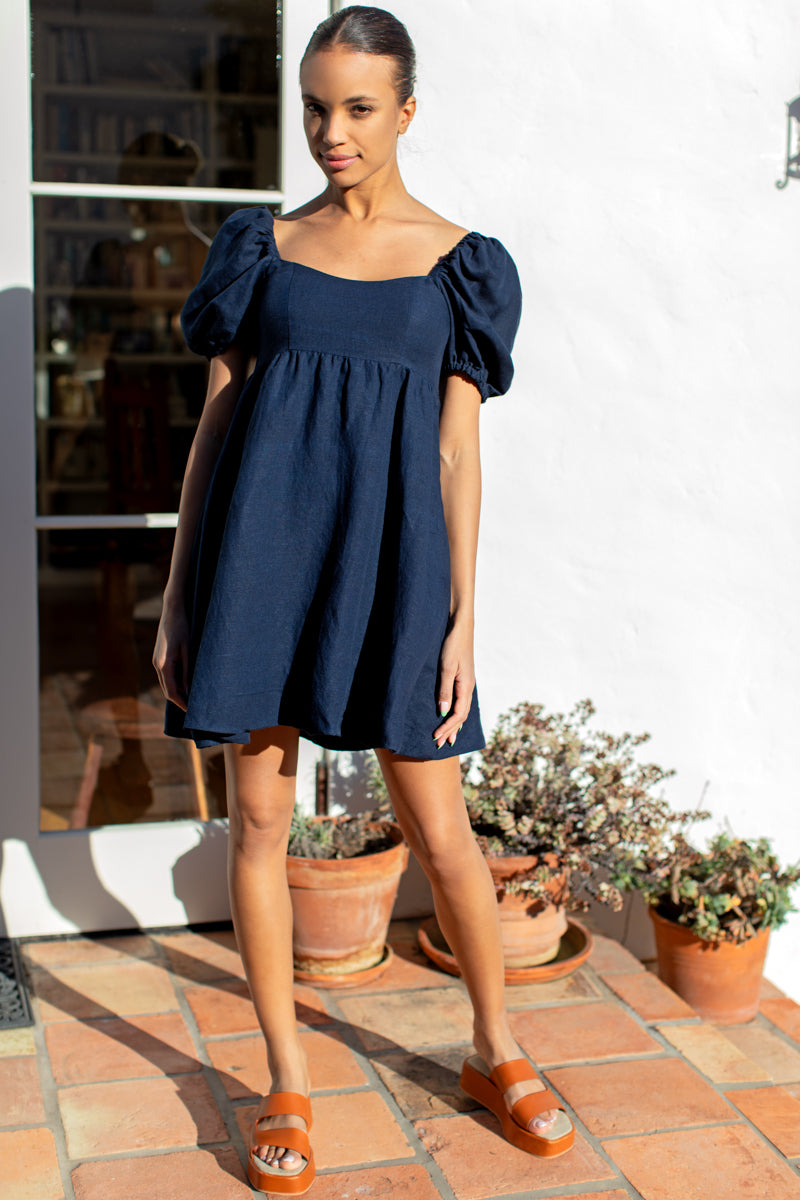 Hazel Puff Dress - Midnight Linen