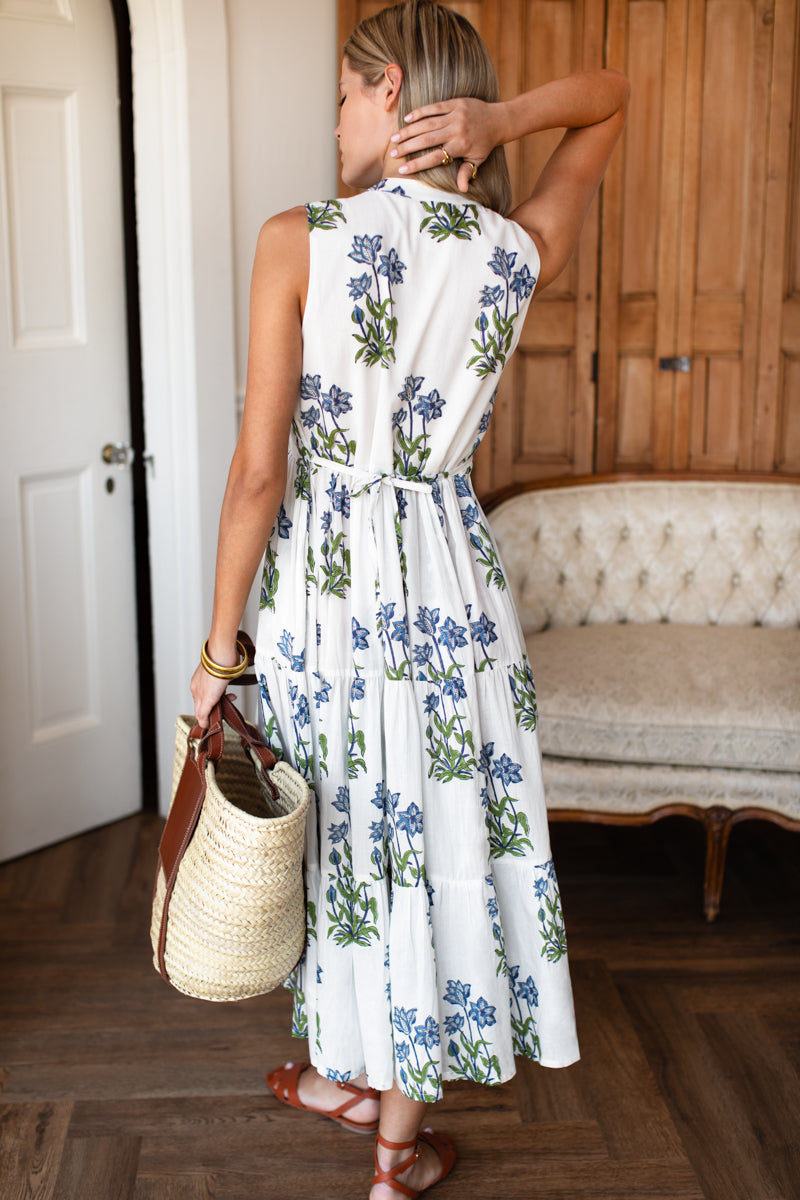 Indi Tier Dress - Blue Clematis Flowers Organic