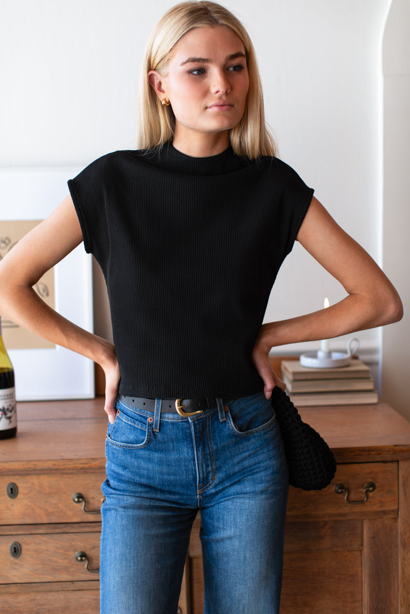 Knit Mock Neck Top - Onyx Rib