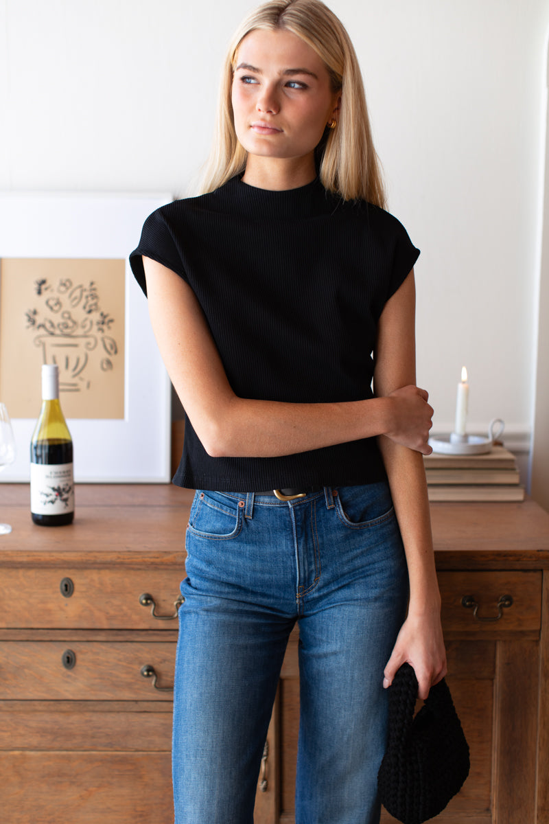 Knit Mock Neck Top - Onyx Rib