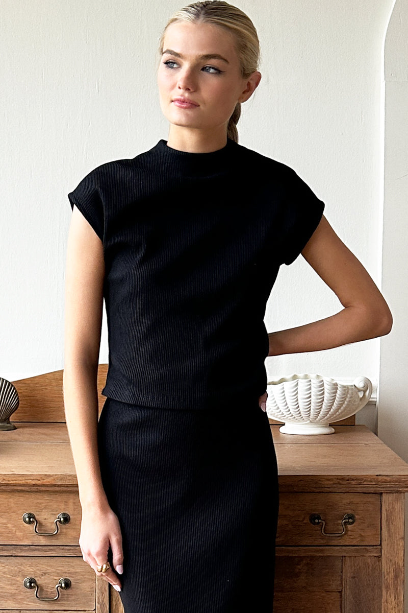 Knit Mock Neck Top - Onyx Rib