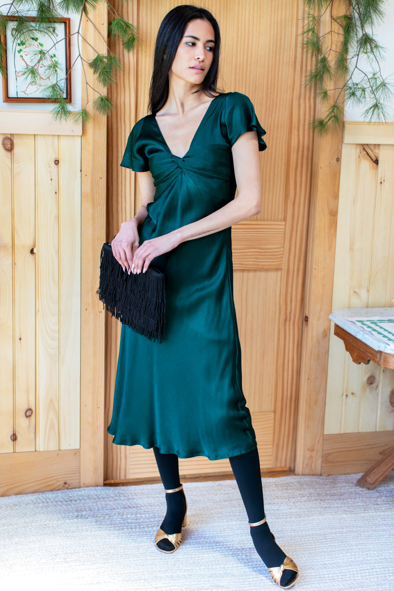 Knot Front Dress - Botanical Green Satin
