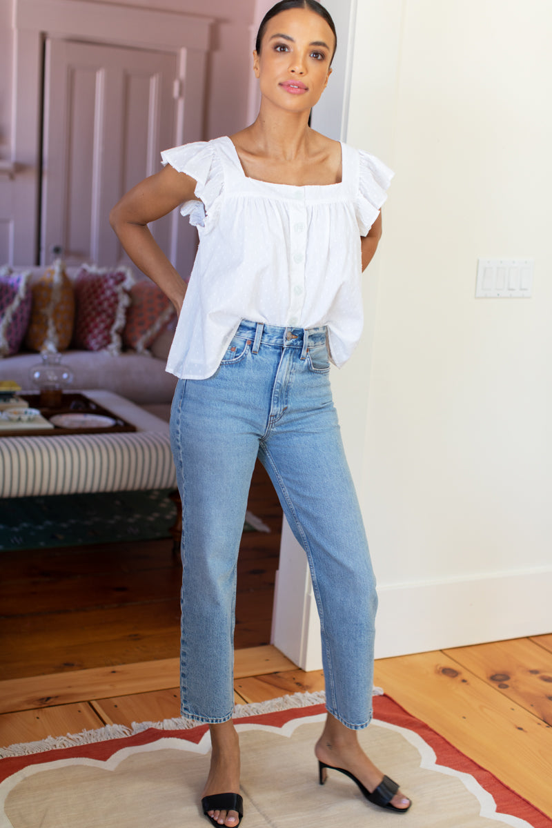 Laurent Flutter Top - Swiss Dot White Organic