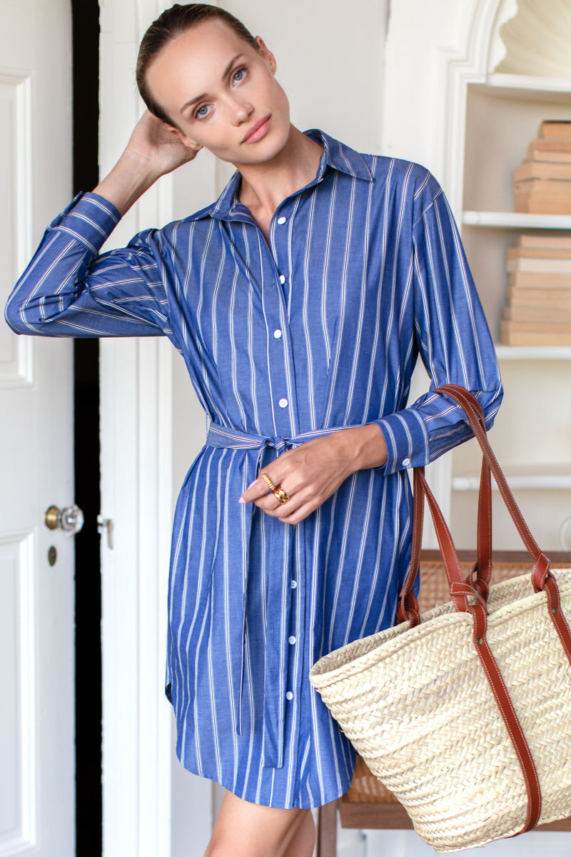 Longsleeve Shirtdress - Slate Blue Stripe