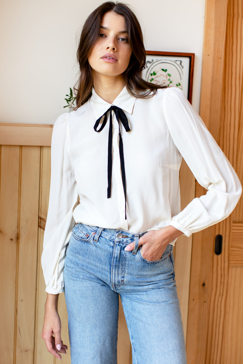 Lou Tie Blouse - Pearled Ivory + Black