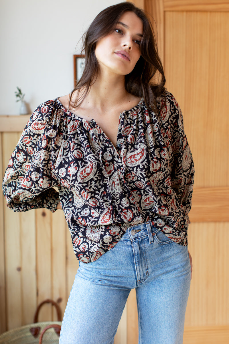 Lucy 2 Blouse - Paisley Black + Clay Satin