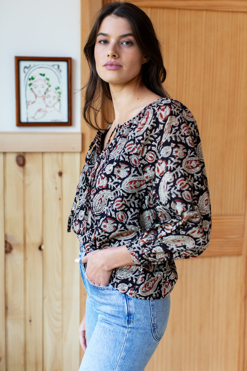 Lucy 2 Blouse - Paisley Black + Clay Satin