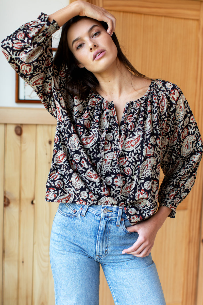 Lucy 2 Blouse - Paisley Black + Clay Satin