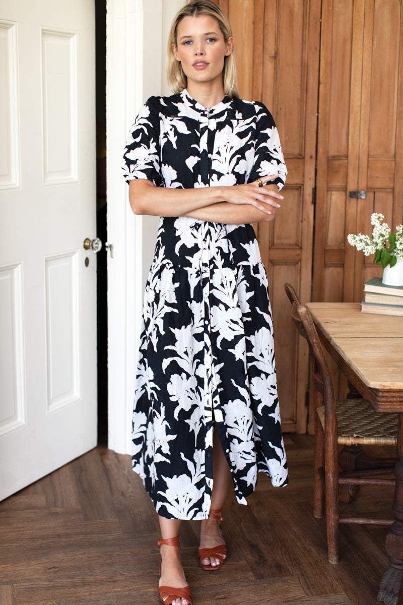 Lucy 4 Basque Dress - Black + Ivory Orchid Linen