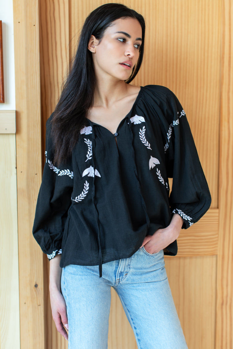 Lucy Dove Embroidery Blouse - Black Flax Voile