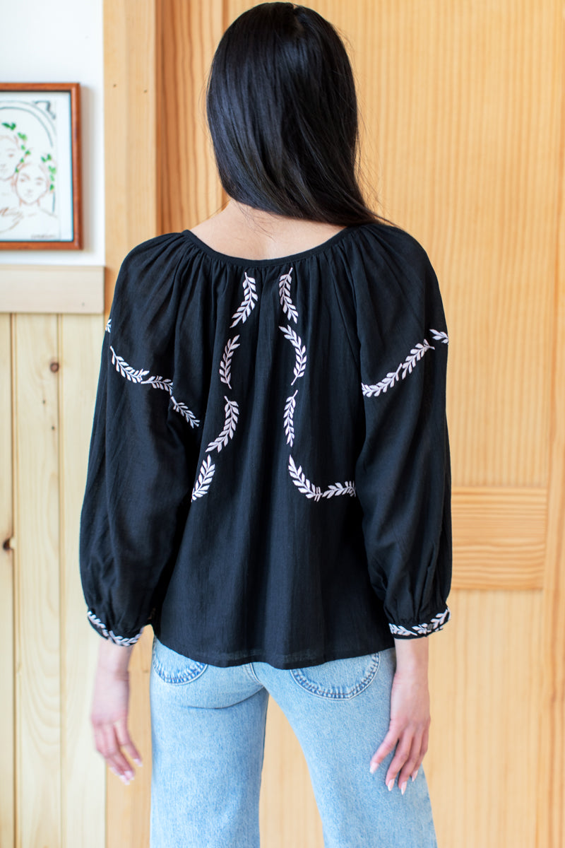 Lucy Dove Embroidery Blouse - Black Flax Voile