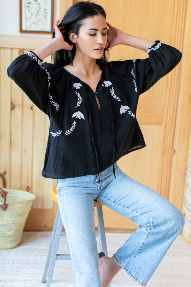 Lucy Dove Embroidery Blouse - Black Flax Voile