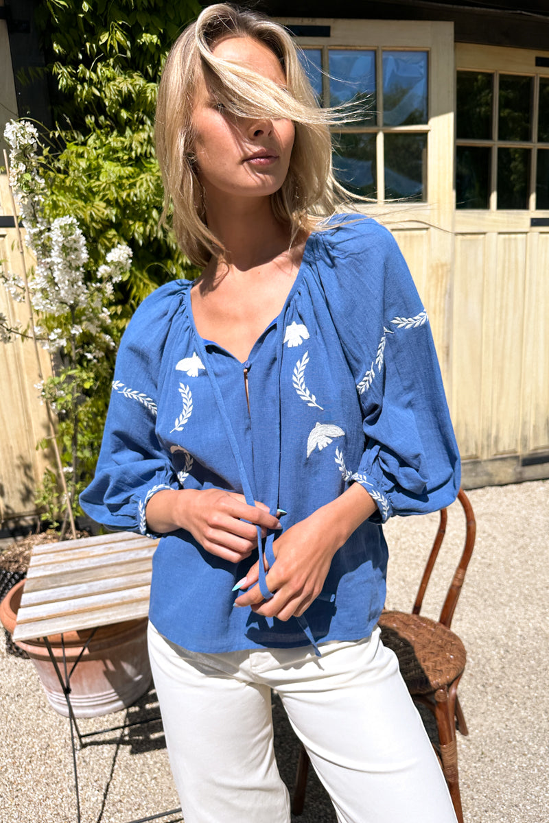 Lucy Dove Embroidery Blouse - Riviera Flax