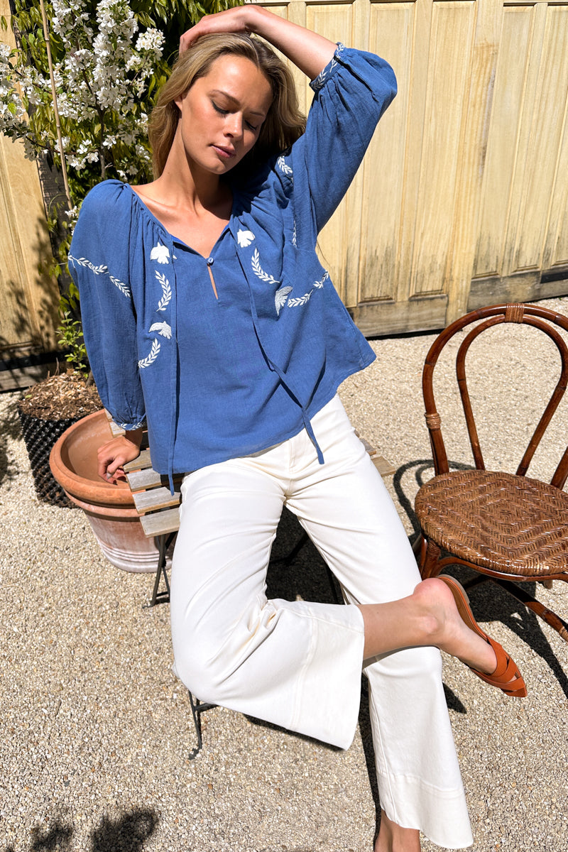 Lucy Dove Embroidery Blouse - Riviera Flax