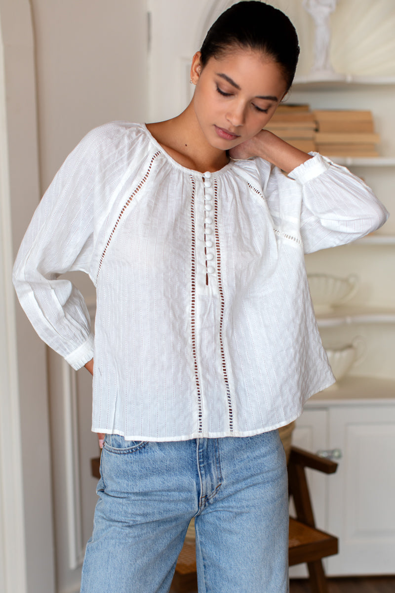 Lucy Heirloom Blouse - Ivory Cotton Dobby Organic